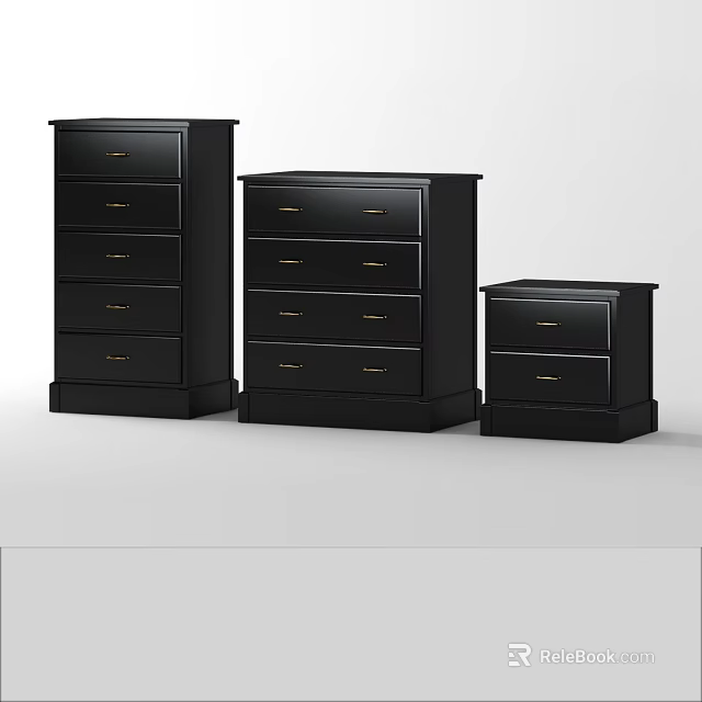 Black Modern Dressers With Three Different Sizes And Gold Handle Drawers For Storage 3d model 