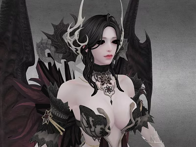 Woman With Black Long Hair Horns And Black Wings In Decorative Fantasy Outfit 3d model Woman With Black Long Hair Horns And Black Wings In Decorative Fantasy Outfit 3d model