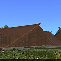 Museum Building With Wooden Structure Triangular Brown Roof Surrounded By Greenery Under Blue Sky