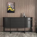 Modern Black Entryway Console Table With Drawers Against Wooden Wall Decorated With Vase And Artwork
