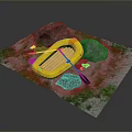 Yellow Inflatable Boat With Paddles On Green Mossy Ground Near Rocks