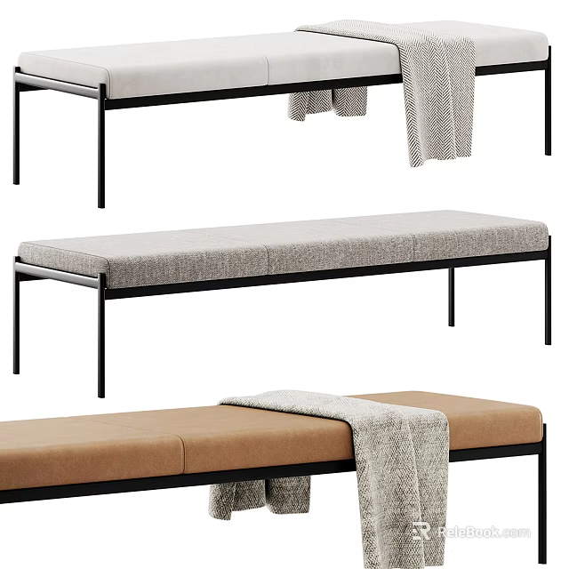 Modern Upholstered Sofa Bench in Gray and Brown with Metal Frame and Soft Blanket 3d model 