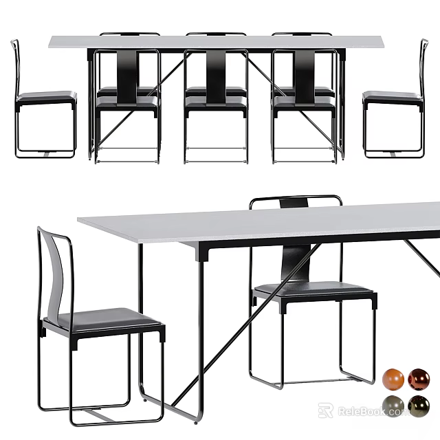 Minimalist Dining Chairs with Black Metal Frame and Leather Seats Around Dining Table 3d model 