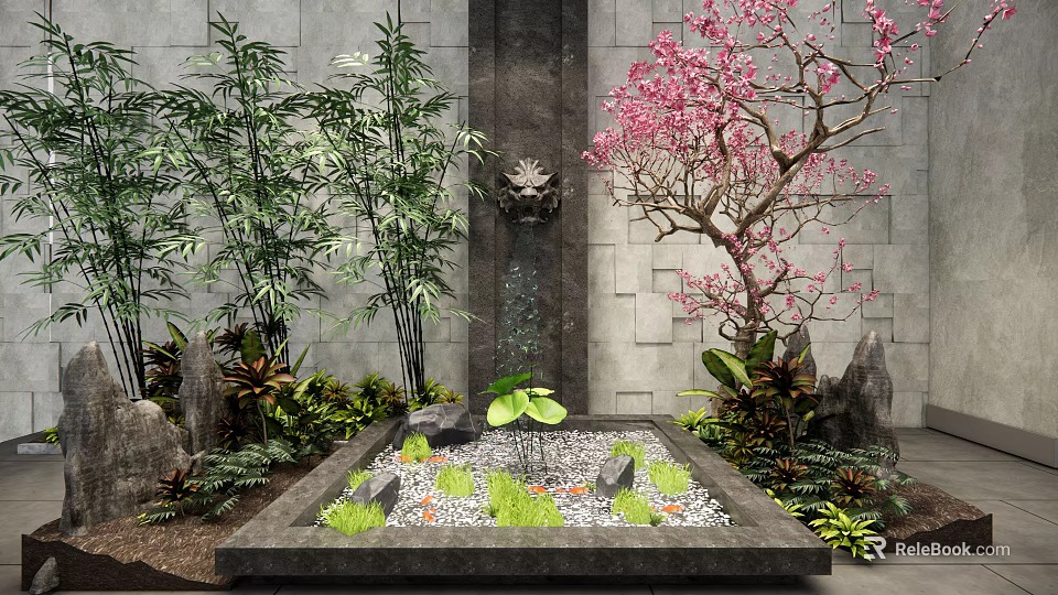 Garden Ornament With Square Pond Green Plants Stones Bamboo Pink Flowering Tree And Stone Wall 3d model 