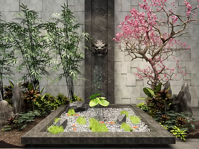 Garden Ornament With Square Pond Green Plants Stones Bamboo Pink Flowering Tree And Stone Wall 3d model