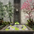 Garden Ornament With Square Pond Green Plants Stones Bamboo Pink Flowering Tree And Stone Wall