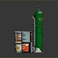 Everyday Household Items With Wheeled Cart Colorful Cans And Green Gas Cylinder