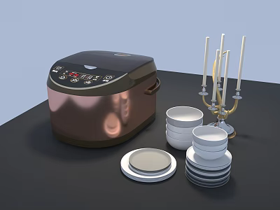 Modern Kitchen Rice Cooker With Bowls Plates And Candle Holder On Table 3d model