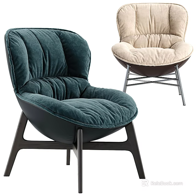 Teal And Beige Velvet Accent Chairs With Modern Wooden Legs Design 3d model 