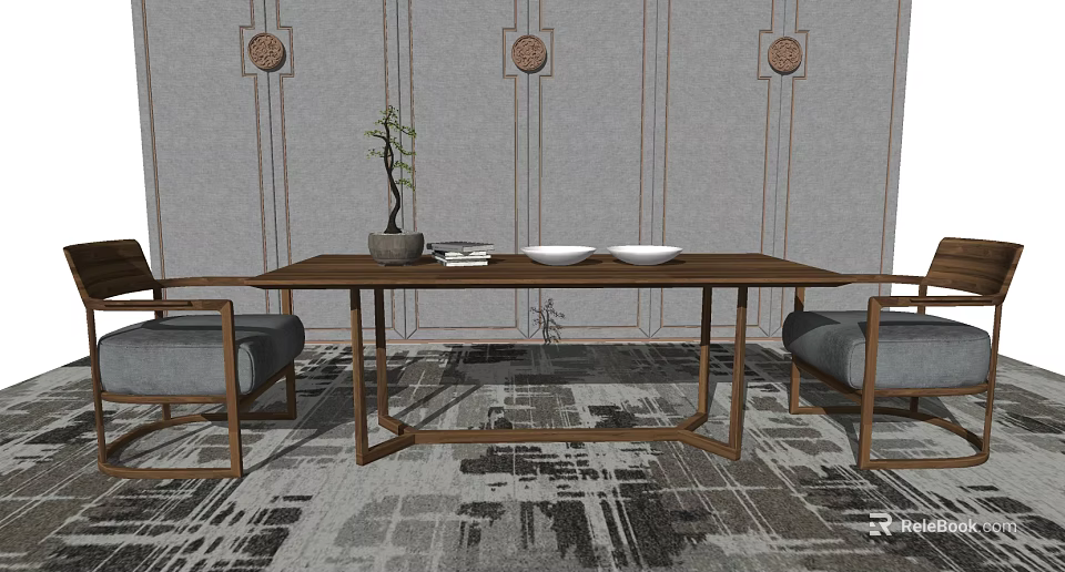 Elegant Dining Table Set With Wooden Table Gray Chairs Decorative Plant And Patterned Rug 3d model
