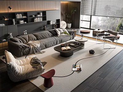 Modern Living Room Interior With Sofa Coffee Table Combination Plant Large Window And Bookshelf 3d model