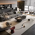 Modern Living Room Interior With Sofa Coffee Table Combination Plant Large Window And Bookshelf