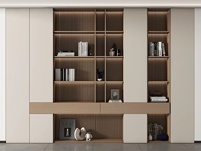 Modern Built-in Wooden Bookcase with Books Multiple Shelves LED Lighting and Decorative Items 3d model