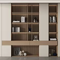 Modern Built-in Wooden Bookcase with Books Multiple Shelves LED Lighting and Decorative Items