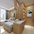 Modern Hotel Guest Room Featuring Twin Beds Wooden Walls Decorative Paintings And Window View