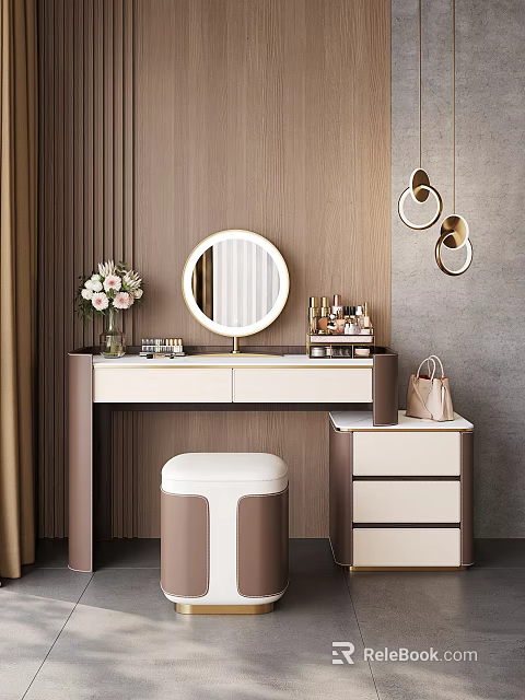 Modern Dressing Table With Round Mirror Gold Accents Makeup Vase Flowers Beige Brown Hanging Lights 3d model 