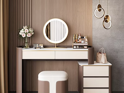 Modern Dressing Table With Round Mirror Gold Accents Makeup Vase Flowers Beige Brown Hanging Lights 3d model