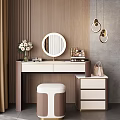 Modern Dressing Table With Round Mirror Gold Accents Makeup Vase Flowers Beige Brown Hanging Lights