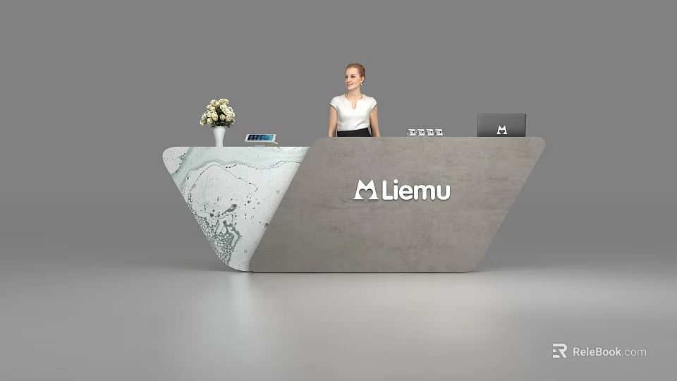 Modern Reception Desk With Flower Vase Laptop Liemu Logo And Staff 3d model 