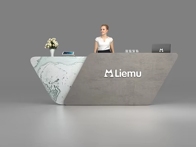 Modern Reception Desk With Flower Vase Laptop Liemu Logo And Staff 3d model