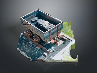 Vintage Mine Cart Model Loaded With Coal On Rail Tracks And Grass Terrain Base 3d model