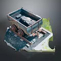 Vintage Mine Cart Model Loaded With Coal On Rail Tracks And Grass Terrain Base