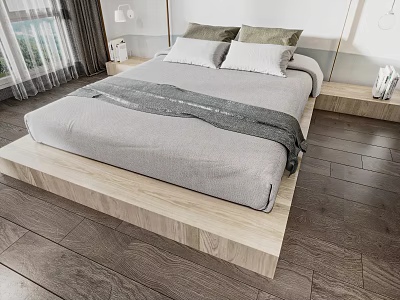Modern Double Bed With Gray Bedding And Wooden Platform In Bedroom 3d model