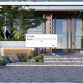 Modern Building Entrance Feature Wall With Wooden Lattice Design Greenery Steps And Glass Doors