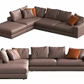Stylish Modern Brown Leather L-shaped Sectional Sofa With Orange Throw Pillows 3d model