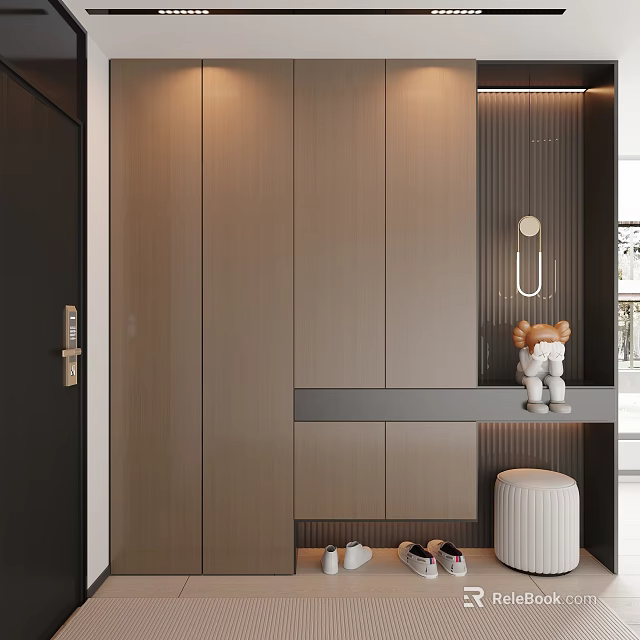 Modern Entryway Hallway With Wooden Cabinets U Shaped Hook Shelf Decorative Doll Shoes White Stool 3d model 