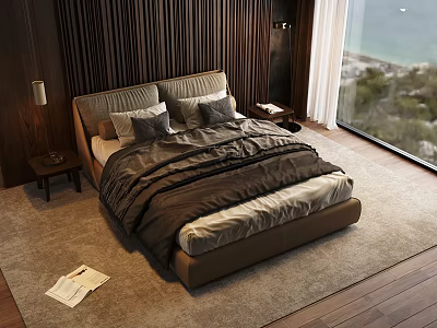 Modern Double Bed in Bedroom with Wooden Wall Floor to Ceiling Window and Sea View 3d model