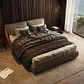 Modern Double Bed in Bedroom with Wooden Wall Floor to Ceiling Window and Sea View