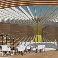 Modern Café Interior Design With Curved Wooden Roof Yellow Columns White Tables And Chairs