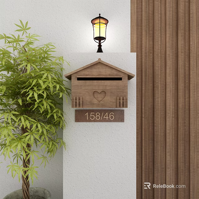 Public Facility Wall Mounted Mailbox With Lamp House Number 158/46 And Green Plant 3d model 