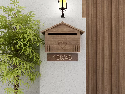 Public Facility Wall Mounted Mailbox With Lamp House Number 158/46 And Green Plant 3d model