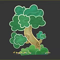 Cartoon Tree With Green Cloud Like Leaves Yellow Trunk And Small Flowers At The Bottom