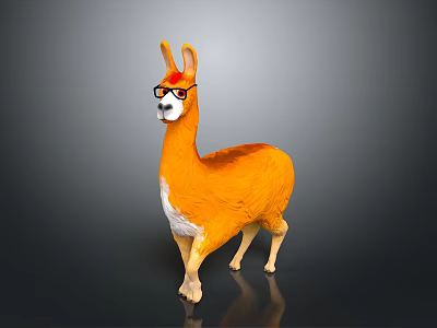 3D Character Llama with Orange and White Fur Wearing Glasses Standing on Dark Background 3d model