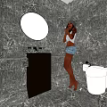 Public Restroom With Marble Walls Round Mirror Black Sink Vanity And White Toilet