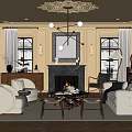 Elegant Living Room Interior With Fireplace Chandelier Plush Sofa And Wooden Coffee Table