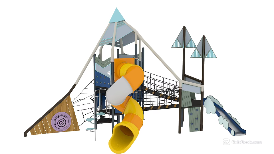 Colorful Outdoor Playground Equipment Featuring Yellow Slide Climbing Net And Geometric Structures 3d model 