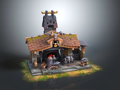 Medieval Blacksmith Workshop Building With Tiled Roof Tower Chimney Decorative Horns Open Doorway And Fireplace 3d model
