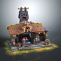 Medieval Blacksmith Workshop Building With Tiled Roof Tower Chimney Decorative Horns Open Doorway And Fireplace