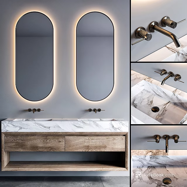 Modern Bathroom Vanity with Double Mirrors Built-in Lighting Marble Countertop and Wooden Cabinet Brass Faucets 3d model 