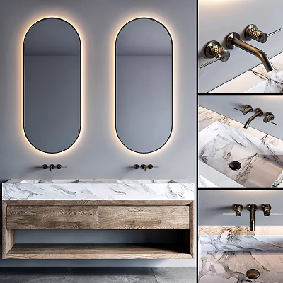 Modern Bathroom Vanity with Double Mirrors Built-in Lighting Marble Countertop and Wooden Cabinet Brass Faucets 3d model