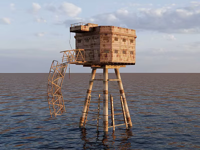 Abandoned Offshore Tower Structure With Metal Ladder In Open Ocean 3d model