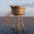 Abandoned Offshore Tower Structure With Metal Ladder In Open Ocean