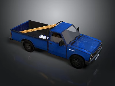 Blue Vintage Pickup Truck With Open Bed And Yellow Wooden Plank 3d model