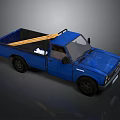 Blue Vintage Pickup Truck With Open Bed And Yellow Wooden Plank