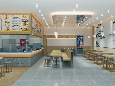 Modern Restaurant Interior With Menu Boards Order Counter Tables Chairs And Decorative Lighting 3d model