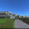 Modern School Campus Building With Green Lawn Walking Path Glass Facade And Students